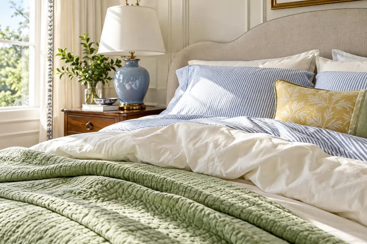 Layers of ivory cotton and blue striped bedding with a pale green coverlet.