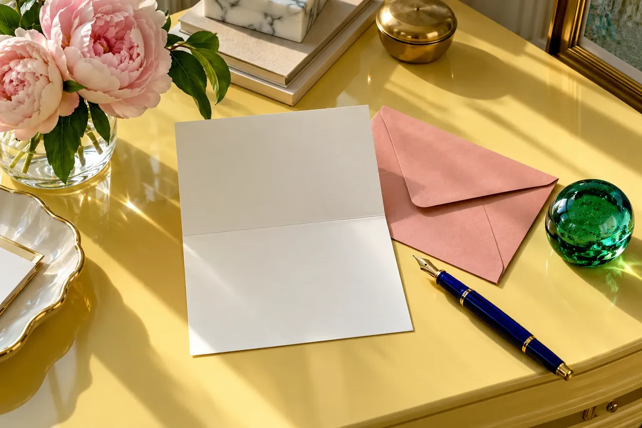 Blank stationery, a pink envelope, blue pen and green paperweight on a yellow desk.