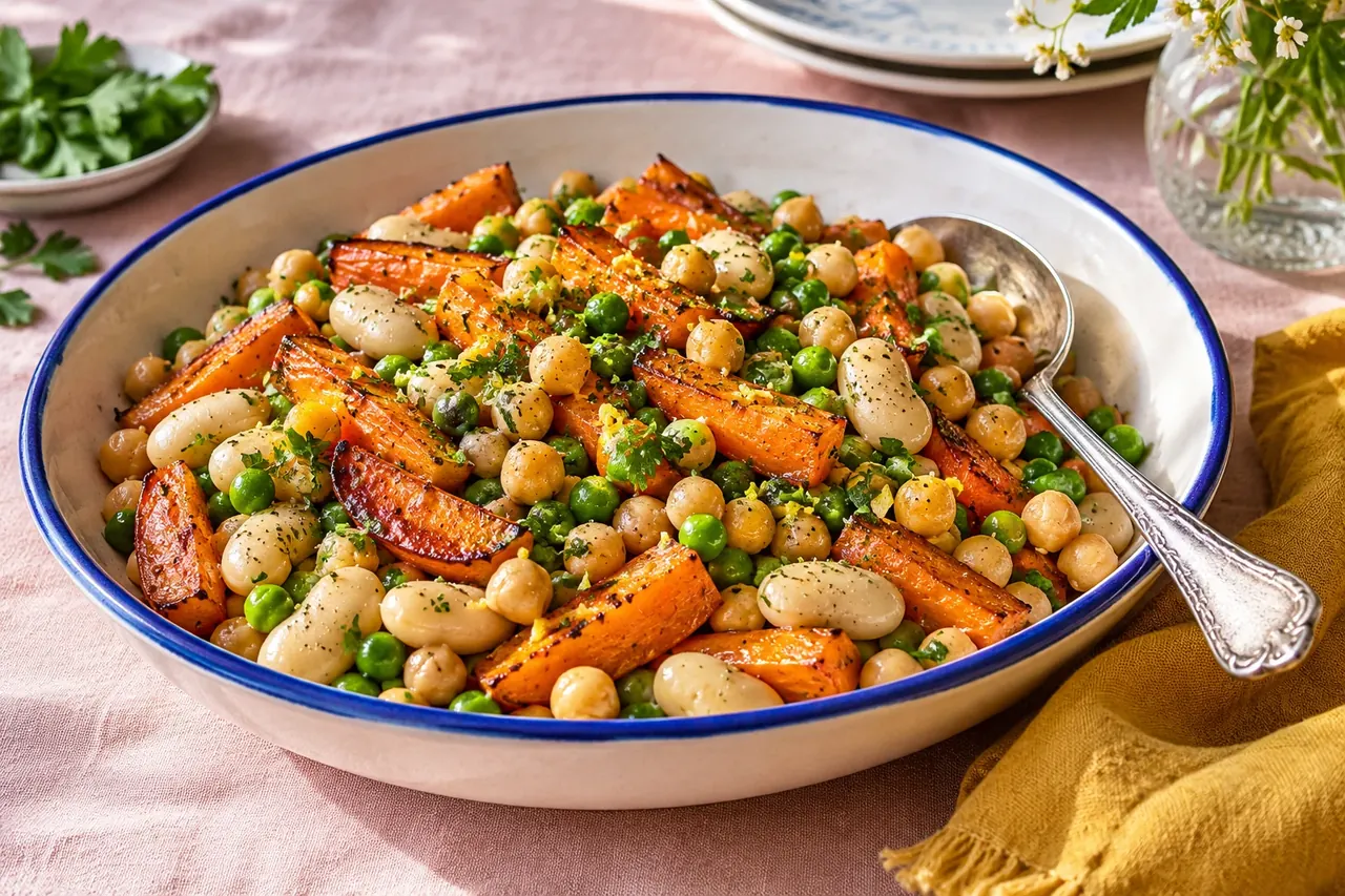 Colorful beans and vegetables in a blue-rimmed bowl on rose linen.