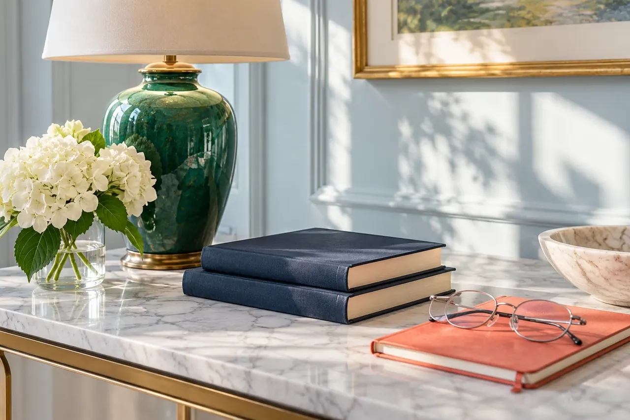 Books, reading glasses and a coral notebook beside a green lamp.