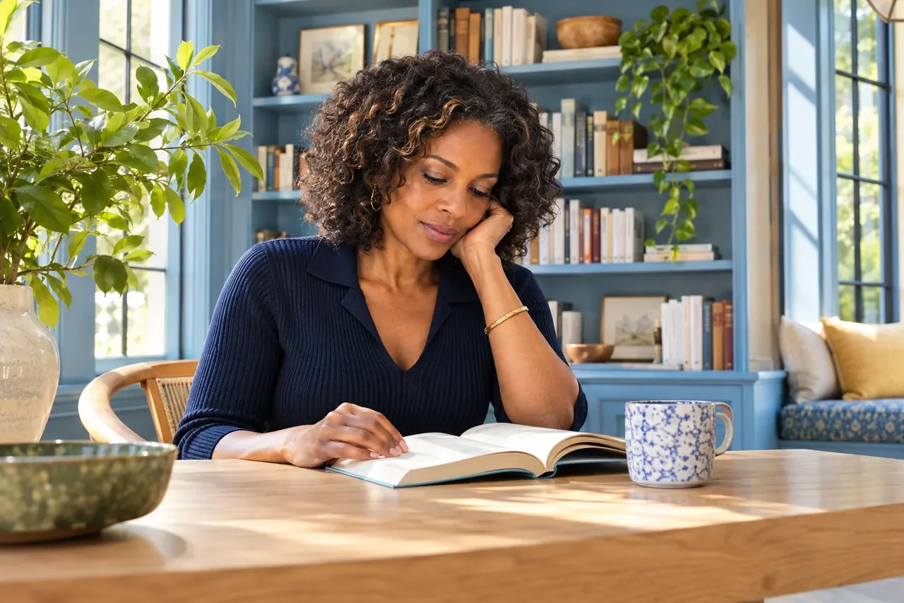 A woman reading a book at a table in a bright blue library.