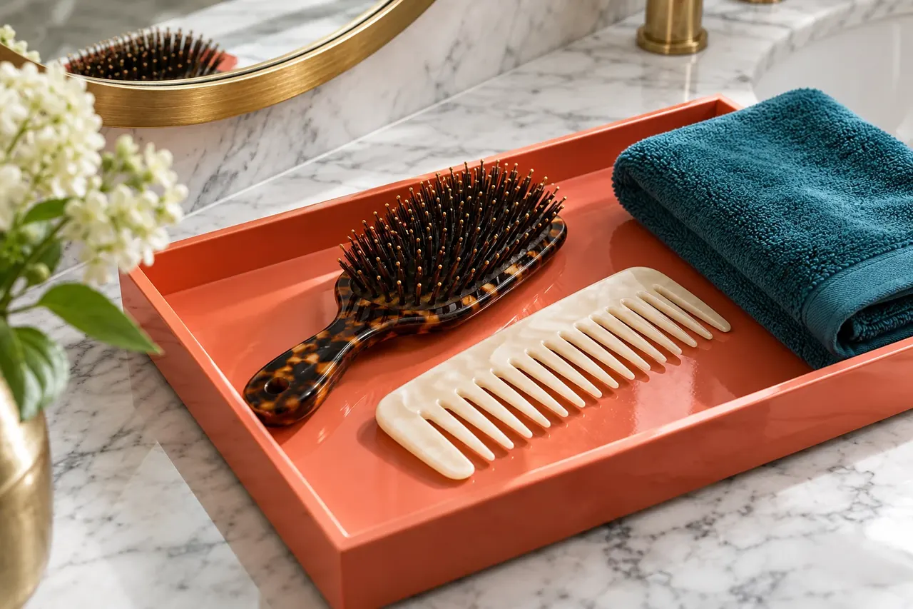 Hairbrush and comb on a coral tray beside a teal towel.