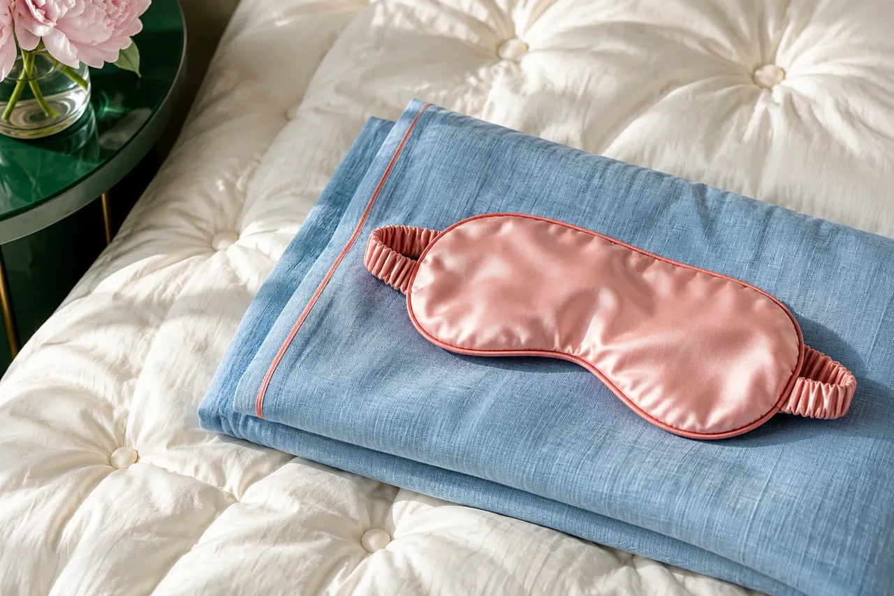 Pink silk sleep mask on blue linen and ivory bedding.